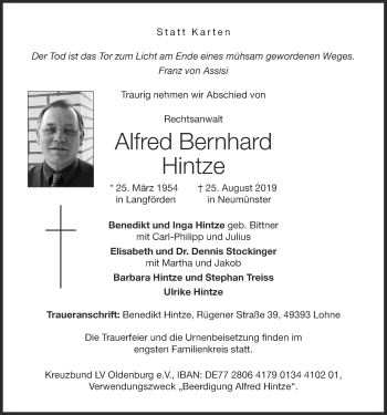 Anzeige von Alfred Bernhard Hintze von OM-Medien