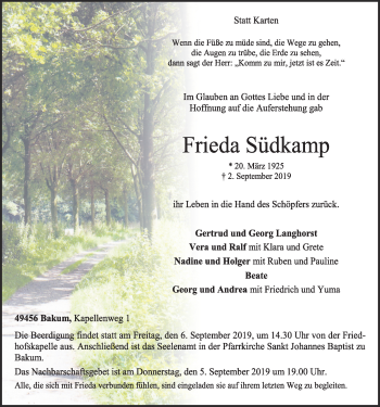 Anzeige von Frieda Südkamp von OM-Medien