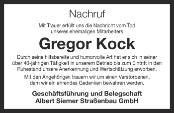 Anzeige von Gregor Kock von OM-Medien