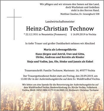 Anzeige von Heinz-Christian Technow von OM-Medien