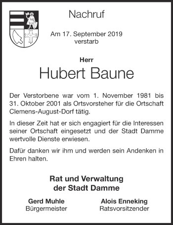 Anzeige von Hubert Baune von OM-Medien