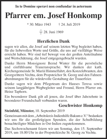 Anzeige von Josef Honkomp von OM-Medien