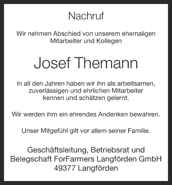 Anzeige von Josef Themann von OM-Medien