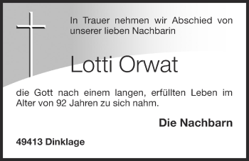 Anzeige von Lotti Orwat von OM-Medien