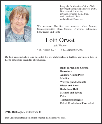 Anzeige von Lotti Orwat von OM-Medien