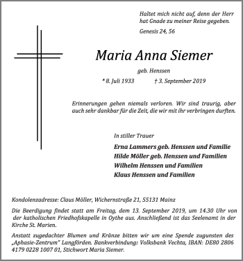Anzeige von Maria Anna Siemer von OM-Medien