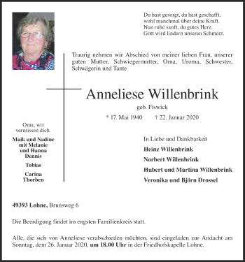 Anzeige von Anneliese Willenbrink von OM-Medien