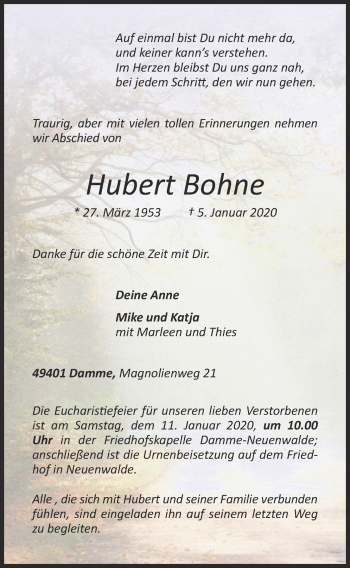 Anzeige von Hubert Bohne von OM-Medien