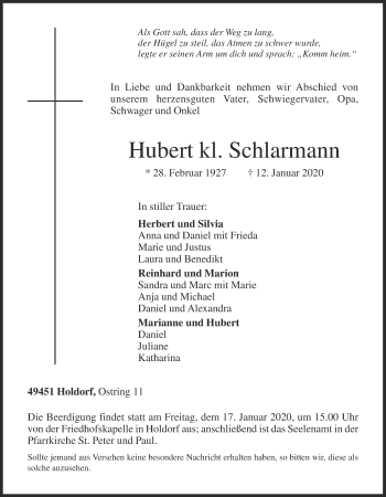 Anzeige von Hubert kl. Schlarmann von OM-Medien