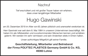 Anzeige von Hugo Gawinski von OM-Medien