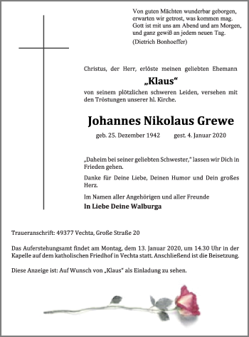 Anzeige von Johannes Nikolaus Grewe von OM-Medien