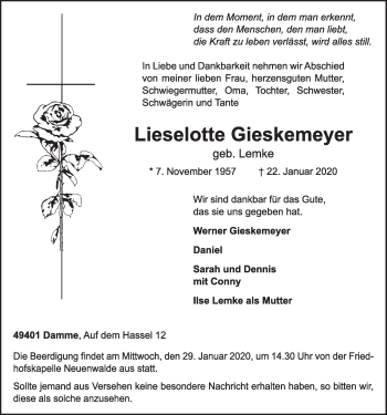 Anzeige von Lieselotte Gieskemeyer von OM-Medien