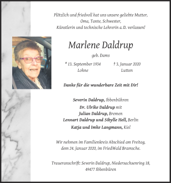 Anzeige von Marlene Daldrup von OM-Medien