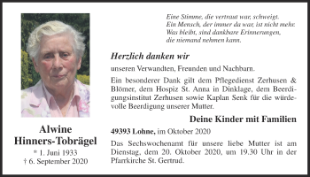 Anzeige von Alwine Hinners-Tobrägel von OM-Medien