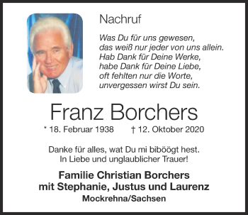 Anzeige von Franz Borchers von OM-Medien