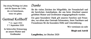 Anzeige von Gertrud Kollhoff von OM-Medien