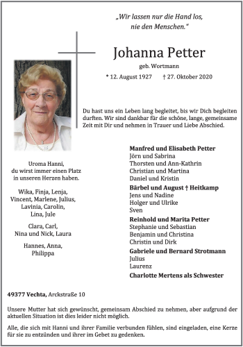 Anzeige von Johanna Petter von OM-Medien