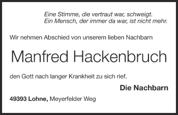 Anzeige von Manfred Hackenbruch von OM-Medien