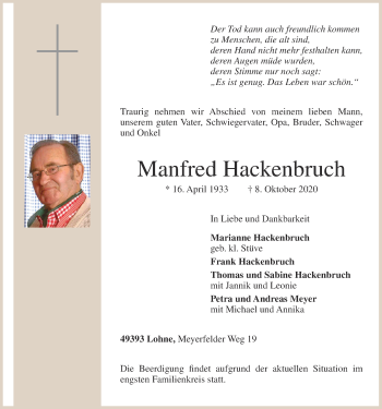 Anzeige von Manfred Hackenbruch von OM-Medien