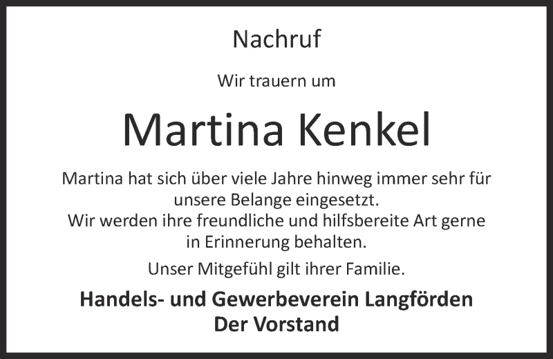  Traueranzeige für Martina Kenkel vom 29.10.2020 aus OM-Medien