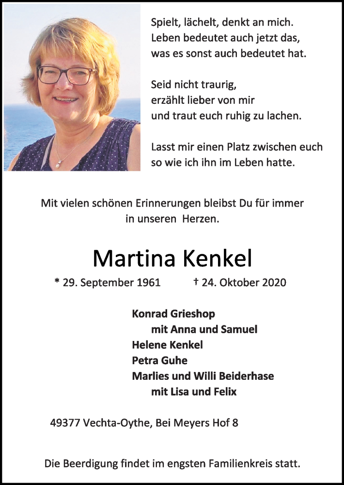  Traueranzeige für Martina Kenkel vom 27.10.2020 aus OM-Medien