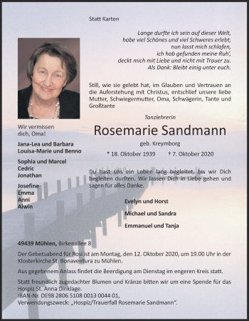 Anzeige von Rosemarie Sandmann von OM-Medien