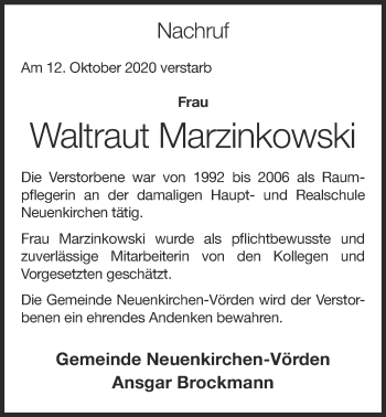 Anzeige von Waltraut Marzinkowski von OM-Medien