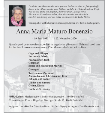 Anzeige von Anna Maria Maturo Boenzio von OM-Medien