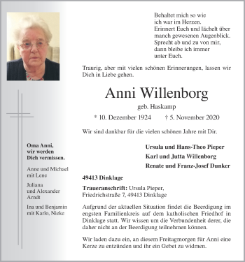 Anzeige von Anni Willenborg von OM-Medien