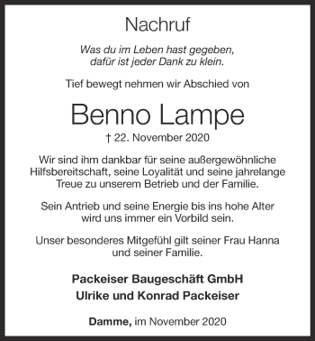 Anzeige von Benno Lampe von OM-Medien