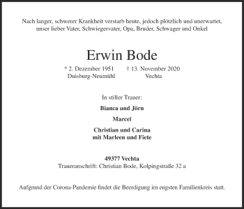 Anzeige von Erwin Bode von OM-Medien