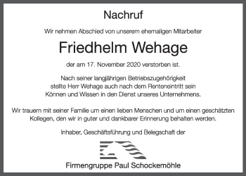 Anzeige von Friedhelm Wehage von OM-Medien
