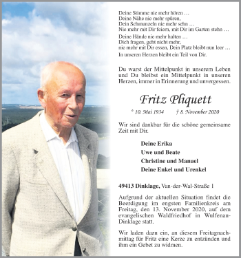 Anzeige von Fritz Pliquett von OM-Medien