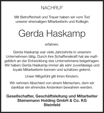 Anzeige von Gerda Haskamp von OM-Medien