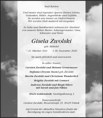 Anzeige von Gisela Zwolski von OM-Medien