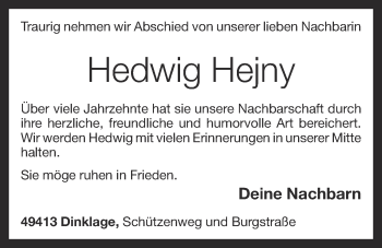 Anzeige von Hedwig Hejny von OM-Medien