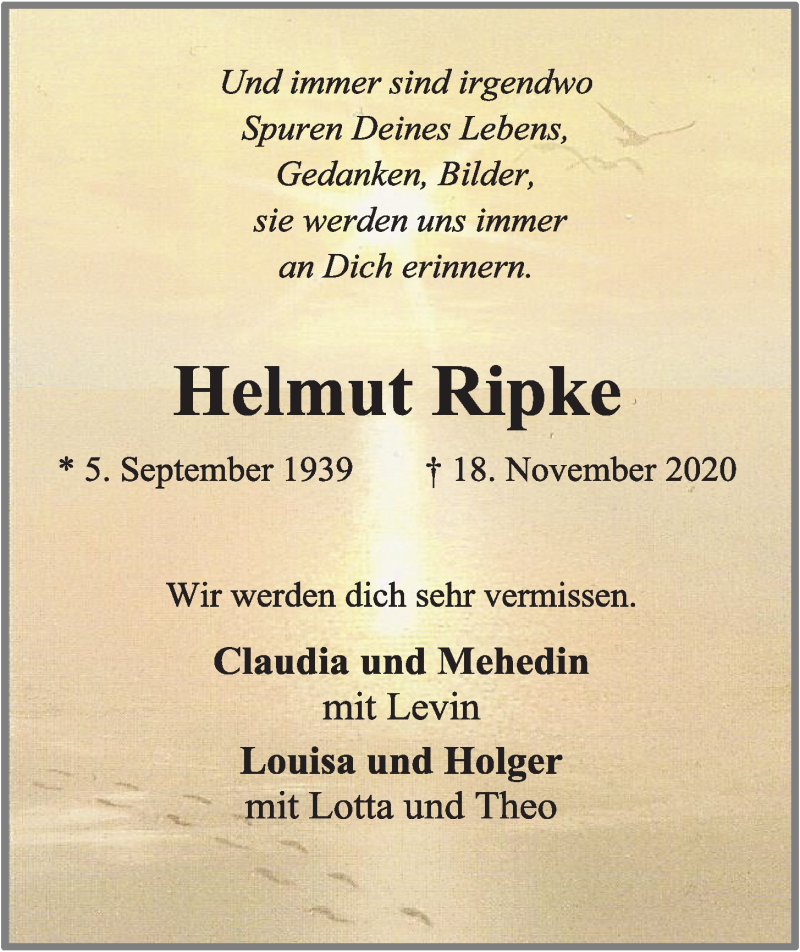  Traueranzeige für Helmut Ripke vom 21.11.2020 aus OM-Medien