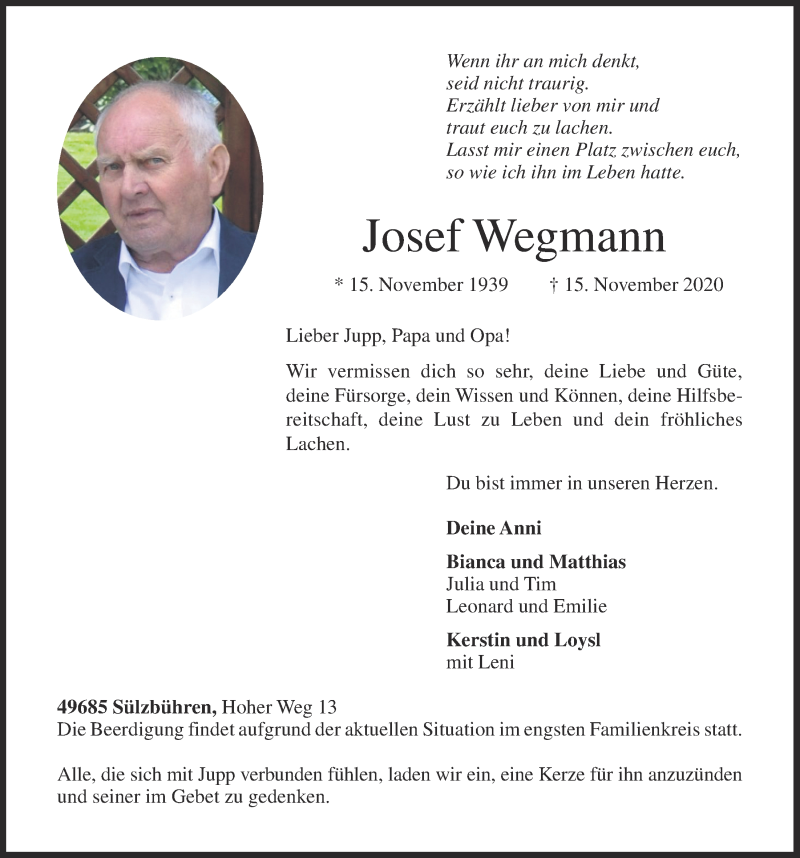  Traueranzeige für Josef Wegmann vom 18.11.2020 aus OM-Medien