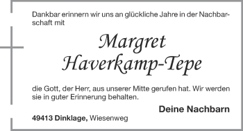 Anzeige von Margret Haverkamp-Tepe von OM-Medien