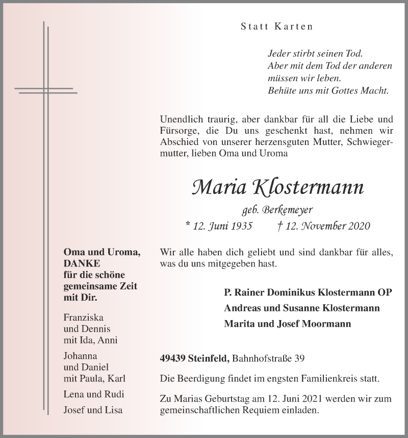  Traueranzeige für Maria Klostermann vom 16.11.2020 aus OM-Medien