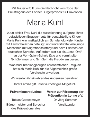 Anzeige von Maria Kuhl von OM-Medien