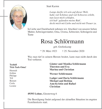 Anzeige von Rosa Schlörmann von OM-Medien