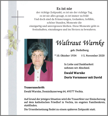 Anzeige von Waltraut Warnke von OM-Medien