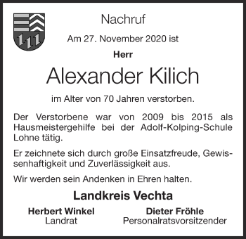 Anzeige von Alexander Kilich von OM-Medien