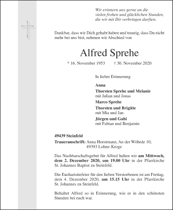 Anzeige von Alfred Sprehe von OM-Medien