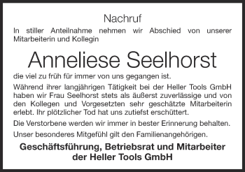 Anzeige von Anneliese Seelhorst von OM-Medien