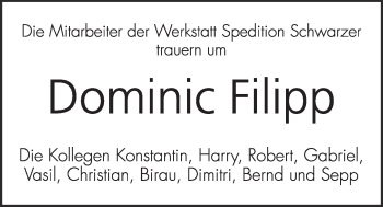 Anzeige von Dominic Filipp von OM-Medien