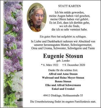 Anzeige von Eugenie Stosun von OM-Medien
