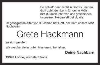 Anzeige von Grete Hackmann von OM-Medien