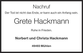 Anzeige von Grete Hackmann von OM-Medien